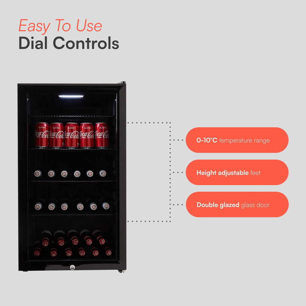 CBC98BK Under-Counter Fridge, 98 Litre Beer, Wine and Drinks Fridge with Adjustable Temperature Control, LED Light, Suitable for Cans and Bottles, Energy Efficient - in Black