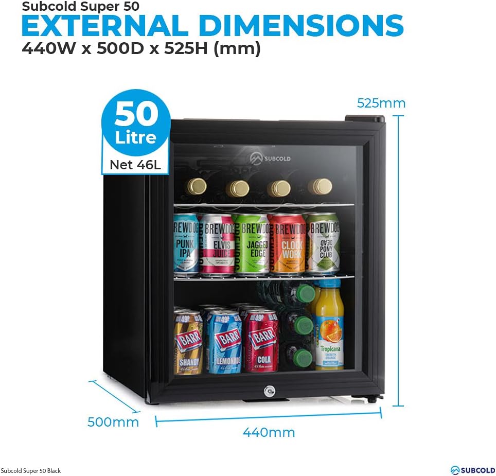 Mini Fridge Black | 50L Beer, Wine & Drinks Fridge | LED Light + Lock & Key | Energy Efficient (Black)