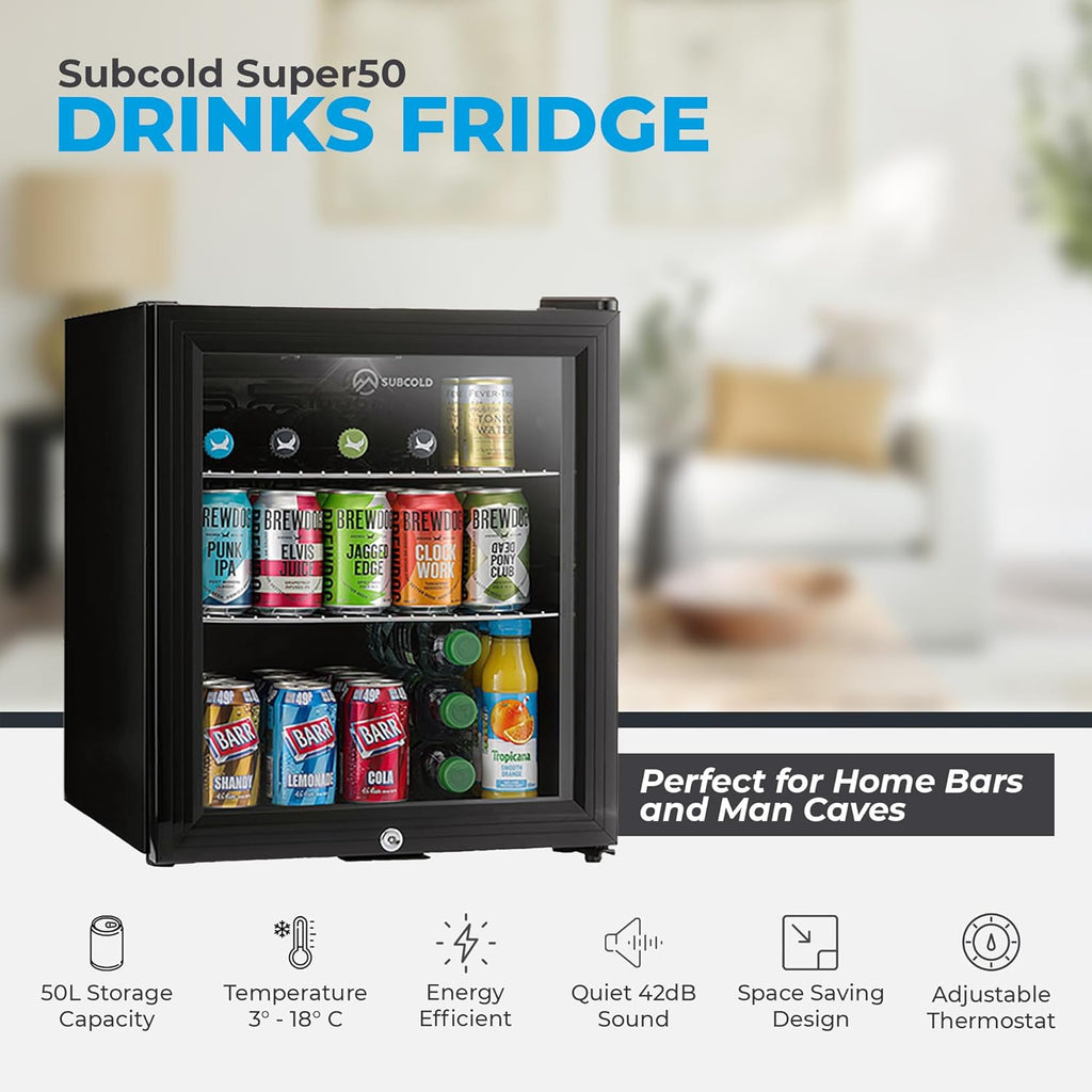 Mini Fridge Black | 50L Beer, Wine & Drinks Fridge | LED Light + Lock & Key | Energy Efficient (Black)