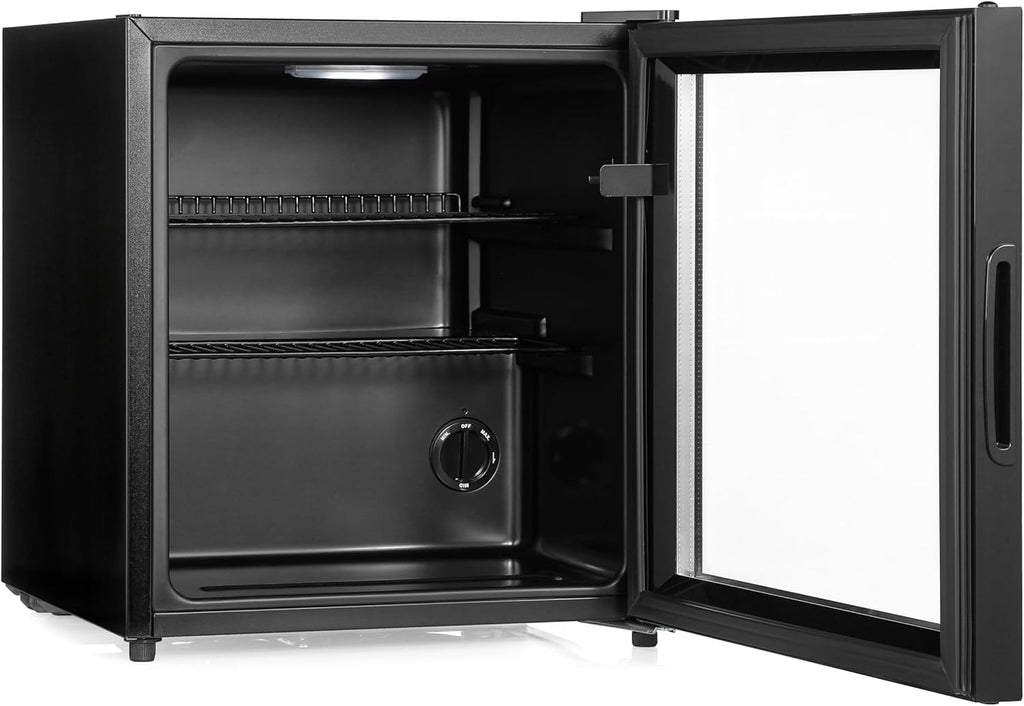 Mini Fridge 50L with Glass Door – Quiet Drinks & Beer Cooler with LED Light | Compact Small Fridge for Bedrooms, Gaming Rooms, Man Caves, Offices & Home Bars – Energy Efficient