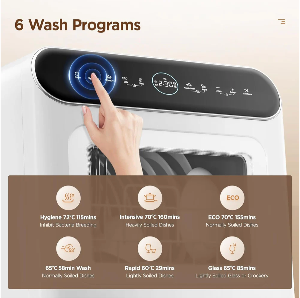Mini Plus Dishwasher Compact Table Top Countertop Dishwasher with Built-in 6L Water Tank, Hygiene Wash, Auto Door Open Drying, Energy Class D - White