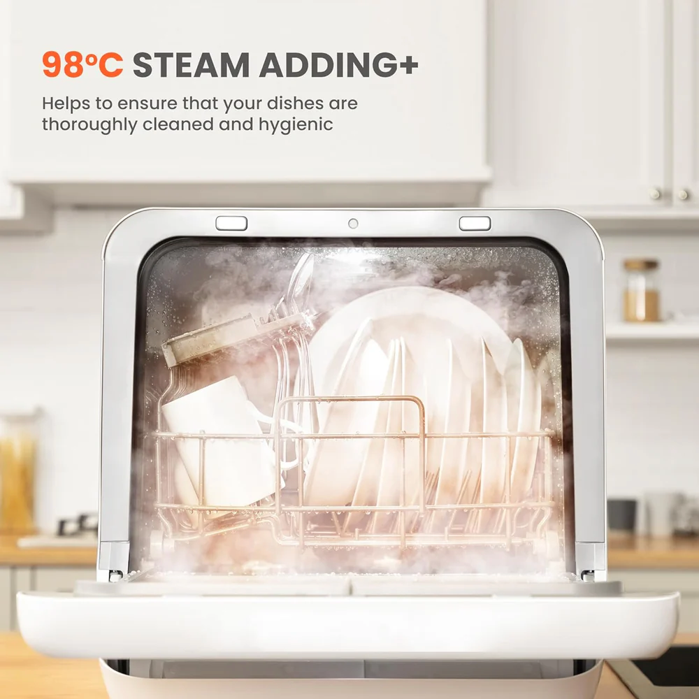 Mini Dishwasher Small Table Top Countertop Dishwasher with Built-in 5L Water Tank, Steam Wash, Ventilated Storage, Energy Class D - White