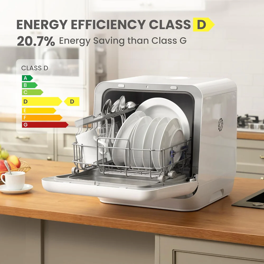 Mini Dishwasher Small Table Top Countertop Dishwasher with Built-in 5L Water Tank, Steam Wash, Ventilated Storage, Energy Class D - White