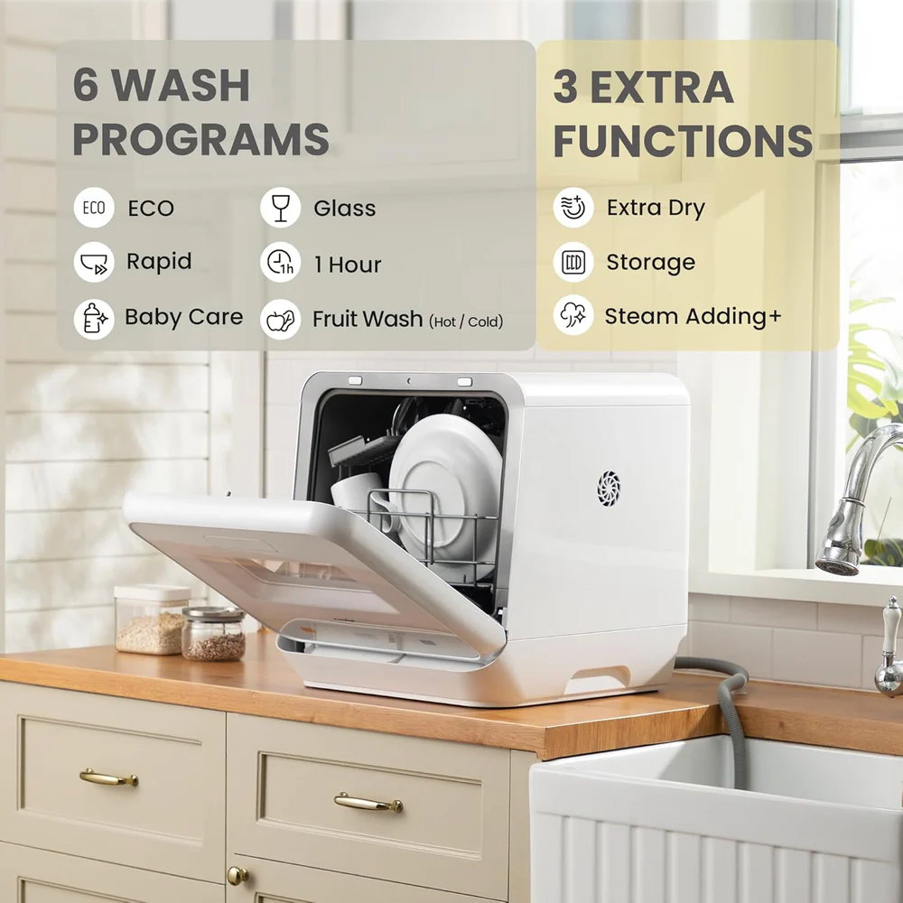 Mini Dishwasher Small Table Top Countertop Dishwasher with Built-in 5L Water Tank, Steam Wash, Ventilated Storage, Energy Class D - White